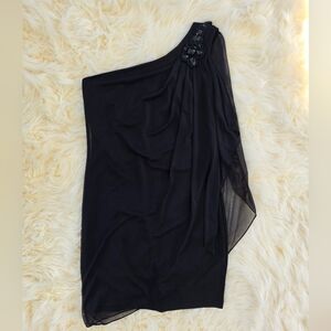 Sweet Storm Black Asymmetrical Flowy Black Mini Dress Stretchy Formal Gem Detail